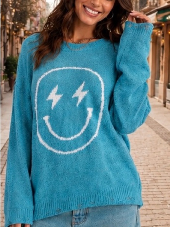 Easel Los Angeles Sweaters - Easel Electric Smiley Face Distressed Sweater Turquoise Teal Blue Size Small NWT